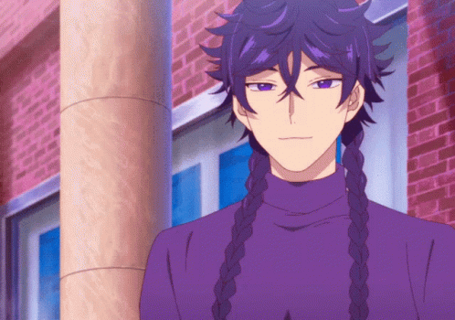 A Man With Purple Hair Is Wearing A Purple Turtleneck And Braids GIF