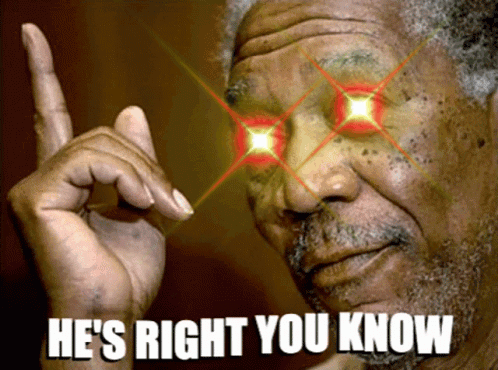 Man With Red Eyes And He's Right You Know Text GIF