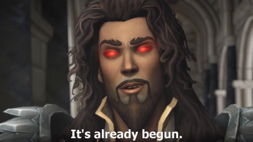 A Man With Red Eyes And The Words " It 'S Already Begun " Next To Him GIF