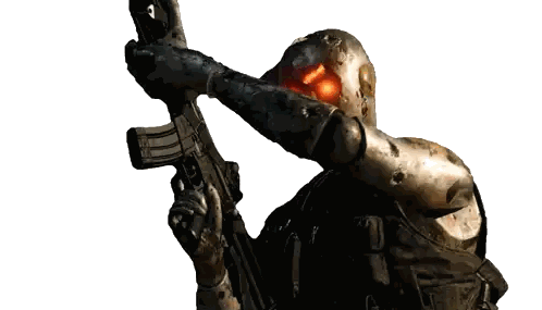 a man with red eyes is holding a rifle