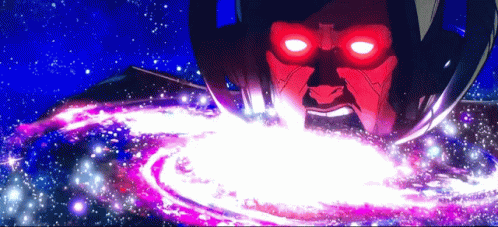 A Man With Red Eyes Is Surrounded By A Purple Galaxy GIF