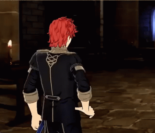 A Man With Red Hair Is Holding A Sword In A Dark Room GIF