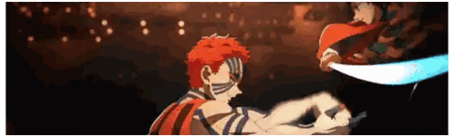 a man with red hair is holding a sword in his hand