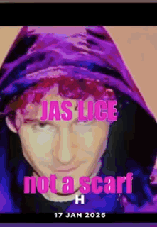 a man with red hair is wearing a purple hoodie and the words jas lice not a scarf
