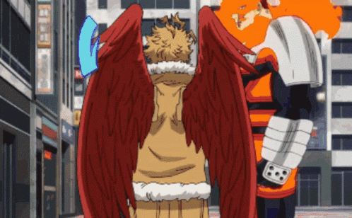A Man With Red Wings Is Standing Next To A Man With Orange Wings GIF