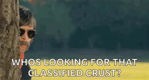 A Man With Sunglasses And A Mustache Is Peeking Out From Behind A Tree And Asking Who Is Looking For That Classified Cru GIF