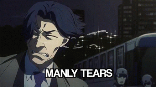 A Man With Tears Coming Out Of His Eyes And The Words Manly Tears GIF
