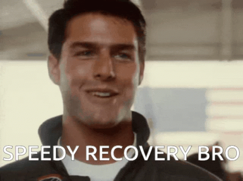 A Man With The Words Speedy Recovery Bro On His Face GIF