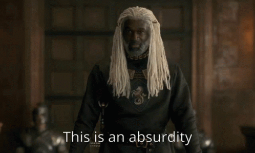 A Man With White Dreadlocks Is Standing In Front Of A Sign That Says " This Is An Absurdity " GIF
