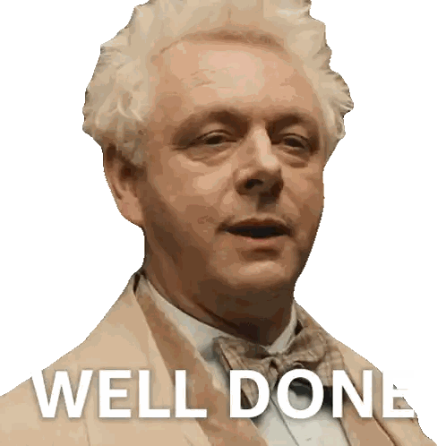 a man with white hair and a bow tie has the words well done on his face