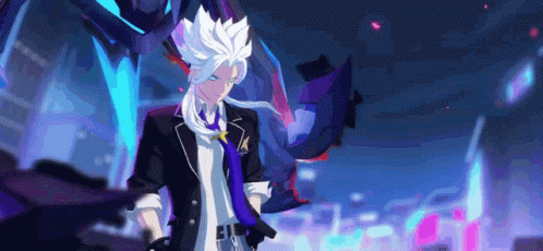 A Man With White Hair And A Purple Tie Is Standing In Front Of A Robot . GIF