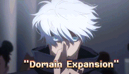 A Man With White Hair And Blue Eyes Is Holding His Hand To His Mouth And Says `` Domain Expansion '' . GIF
