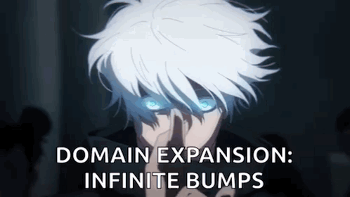 A Man With White Hair And Blue Eyes Is Looking At The Camera With The Words Domain Expansion : Infinite Bumps Below Him  GIF