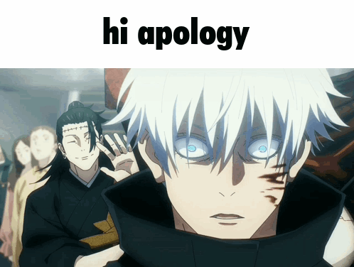 A Man With White Hair And Blue Eyes Is Standing In Front Of A Sign That Says Hi Apology GIF