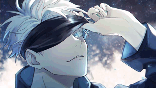 A Man With White Hair And Blue Eyes Is Wearing A Blindfold Over His Eyes GIF