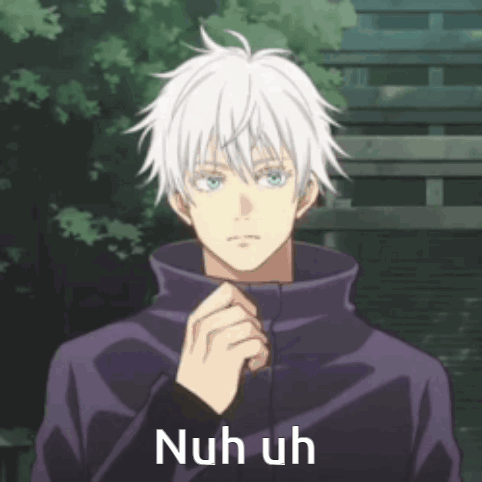 A Man With White Hair And Blue Eyes Is Wearing A Purple Jacket And A Black Shirt . GIF