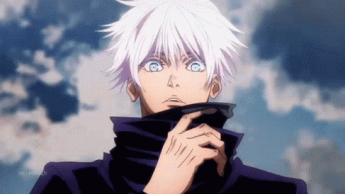 A Man With White Hair And Blue Eyes Is Wearing A Purple Scarf Around His Neck . GIF