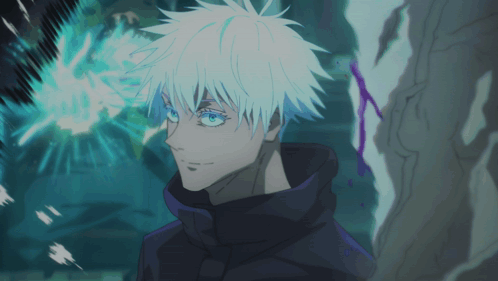 A Man With White Hair And Blue Eyes Stands In Front Of A Wall GIF