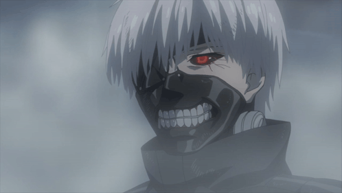 A Man With White Hair And Red Eyes Is Wearing A Mask GIF