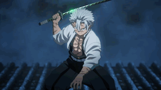 A Man With White Hair Is Holding A Green Sword In His Right Hand GIF