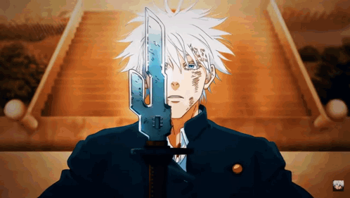 A Man With White Hair Is Holding A Large Sword In Front Of His Face . GIF