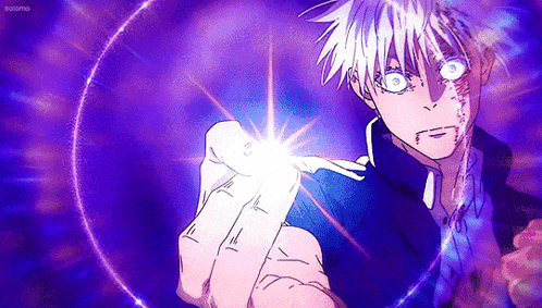 A Man With White Hair Is Holding A Purple Object In His Hand . GIF