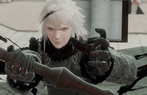 A Man With White Hair Is Holding A Sword In His Hands GIF