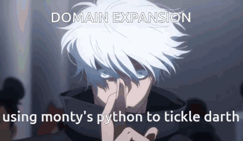 A Man With White Hair Is Holding His Finger To His Mouth With The Words Domain Expansion Below Him GIF