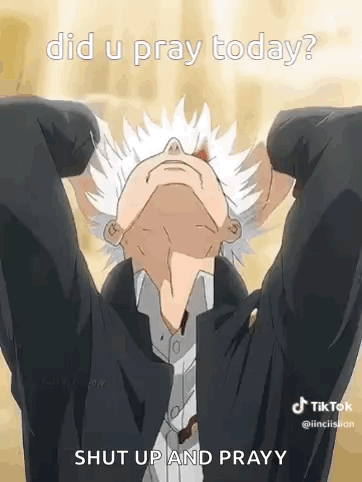 A Man With White Hair Is Looking Up At The Sky . GIF