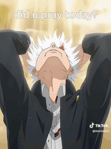 A Man With White Hair Is Looking Up With His Hands Behind His Head And Says Did U Pray Today . GIF