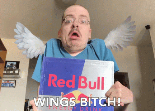 A Man With Wings Holds A Bag Of Red Bull Energy Drink GIF