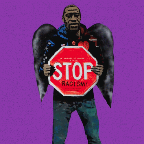 A Man With Wings Is Holding A Red Stop Sign GIF