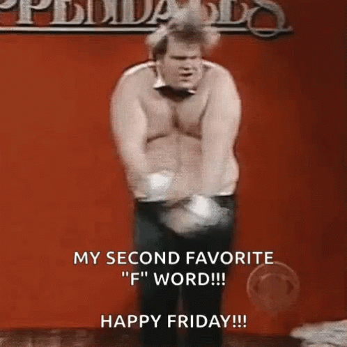 A Man Without A Shirt Is Dancing In Front Of A Red Background With The Words My Second Favorite " F " Word Happy Friday GIF