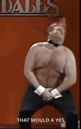 A Man Without A Shirt Is Dancing In Front Of A Sign That Says Dale 'S GIF