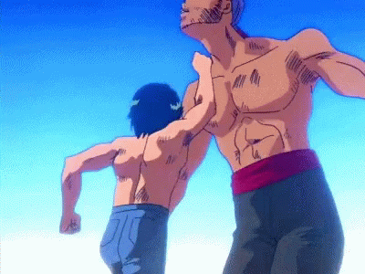 A Man Without A Shirt Is Fighting Another Man In A Cartoon GIF