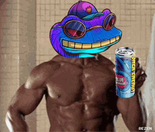 A Man Without A Shirt Is Holding A Can Of Open Energy GIF