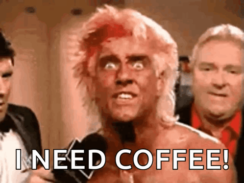 A Man Without A Shirt Is Holding A Microphone And Says I Need Coffee GIF