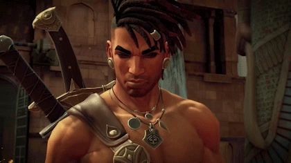 A Man Without A Shirt Is Holding A Sword And A Necklace GIF