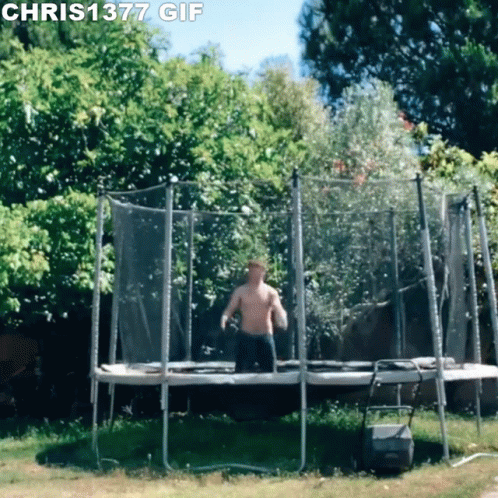 A Man Without A Shirt Is Jumping On A Trampoline With Chris1377 Gif Written Above Him GIF