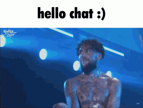 A Man Without A Shirt Is On A Stage With The Words Hello Chat Behind Him GIF