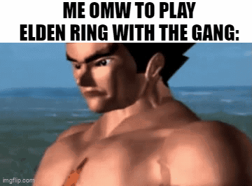 A Man Without A Shirt Is Playing Elden Ring With A Gang . GIF