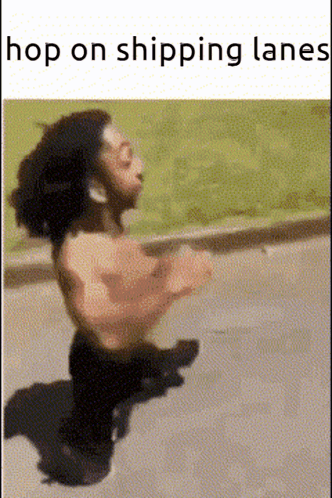 A Man Without A Shirt Is Running Down A Street With The Words Hop On Shipping Lanes Above Him GIF