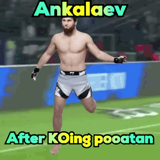 A Man Without A Shirt Is Running On A Soccer Field With The Words " Ankalev After Koing Pooatan " Below Him GIF