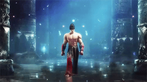 A Man Without A Shirt Is Standing In A Dark Room With Columns GIF