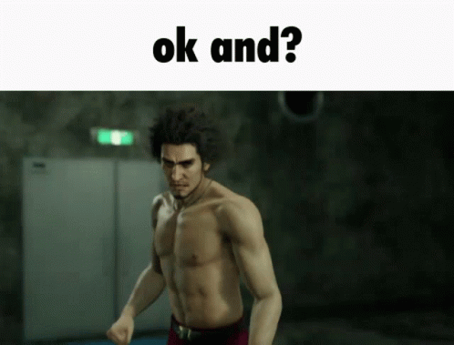 A Man Without A Shirt Is Standing In A Dark Room With The Words Ok And ? Above Him . GIF
