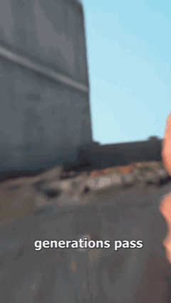 A Man Without A Shirt Is Standing In Front Of A Building With The Words " Generations Pass " On The Bottom GIF