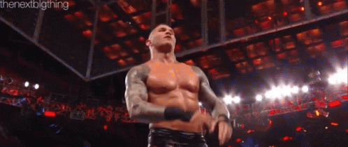 A Man Without A Shirt Is Standing In Front Of A Crowd In A Wrestling Ring . GIF