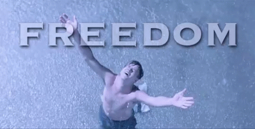 A Man Without A Shirt Is Standing In The Rain With His Arms Outstretched In Front Of The Word Freedom . GIF