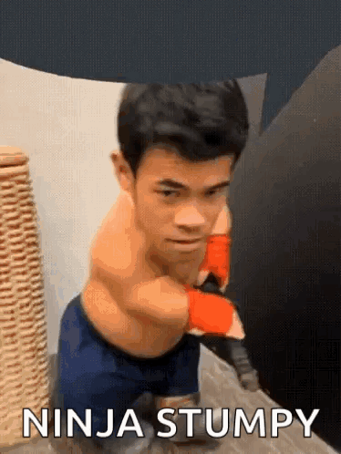A Man Without A Shirt Is Standing Next To A Wicker Basket And Says Ninja Stumpy . GIF