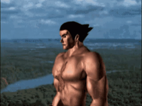 A Man Without A Shirt Is Standing On A Hill Overlooking A River GIF